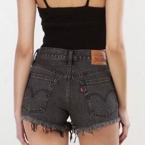 Levi’s 501 Distressed Black Denim Cut Off Jean Shorts Button Fly Size 27
